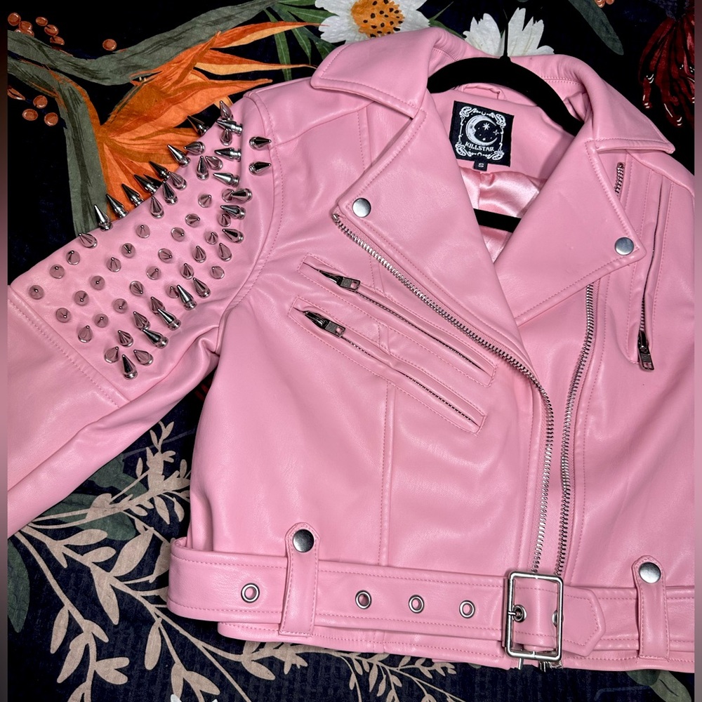 Killstar Disharmony pastel pink leather studded moto jacket 🏍️💕